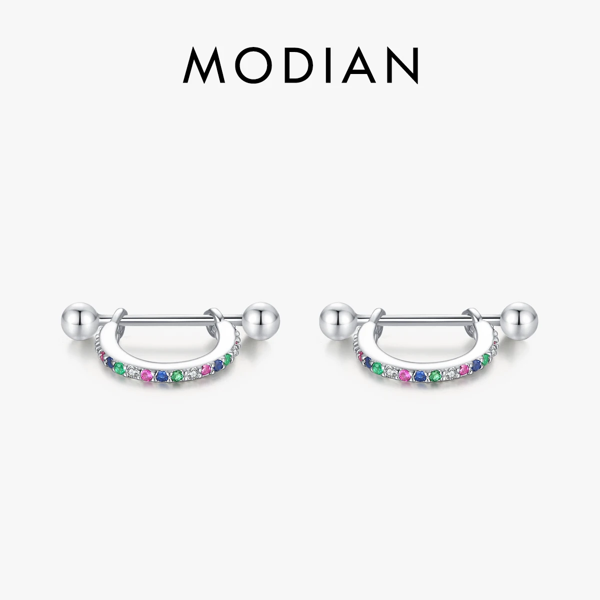 

MODIAN 925 Sterling Silver Round Rainbow Colorful Simple Hoop Earrings Detachable Beads Trendy Clip Ears For Women Fine Jewelry