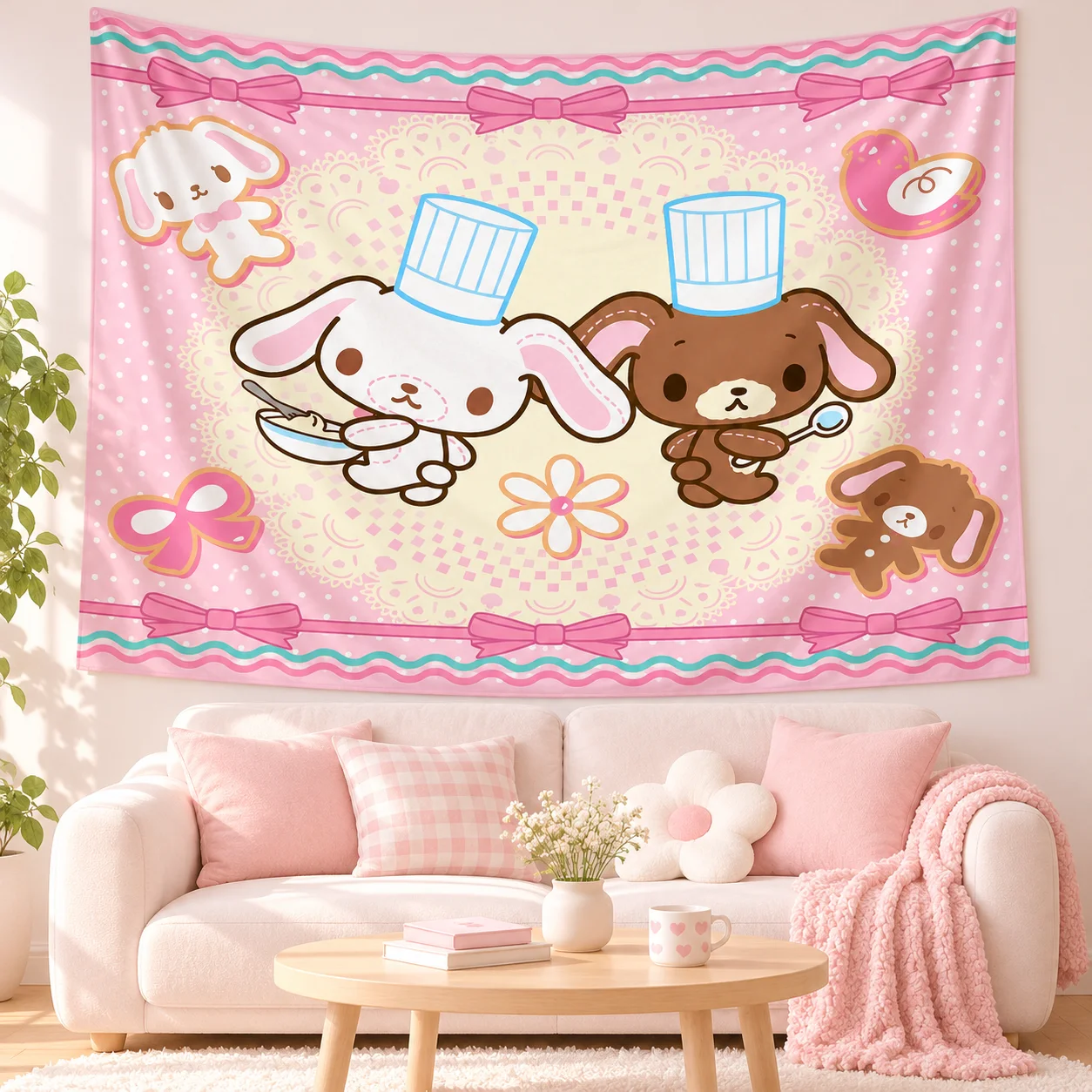 Cute Cartoon Character Tapestry Wall Hanging, Kawaii Decor Background Cloth, Free Accessories Included for Bedroom & Living Room