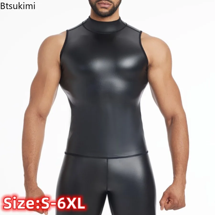 

Men's Shirt Faux Leather Vest Undershirt Wet Look Sleeveless Tank Top Shirt PU Leather Undershirt Casual Suit Black Shirts S-6XL