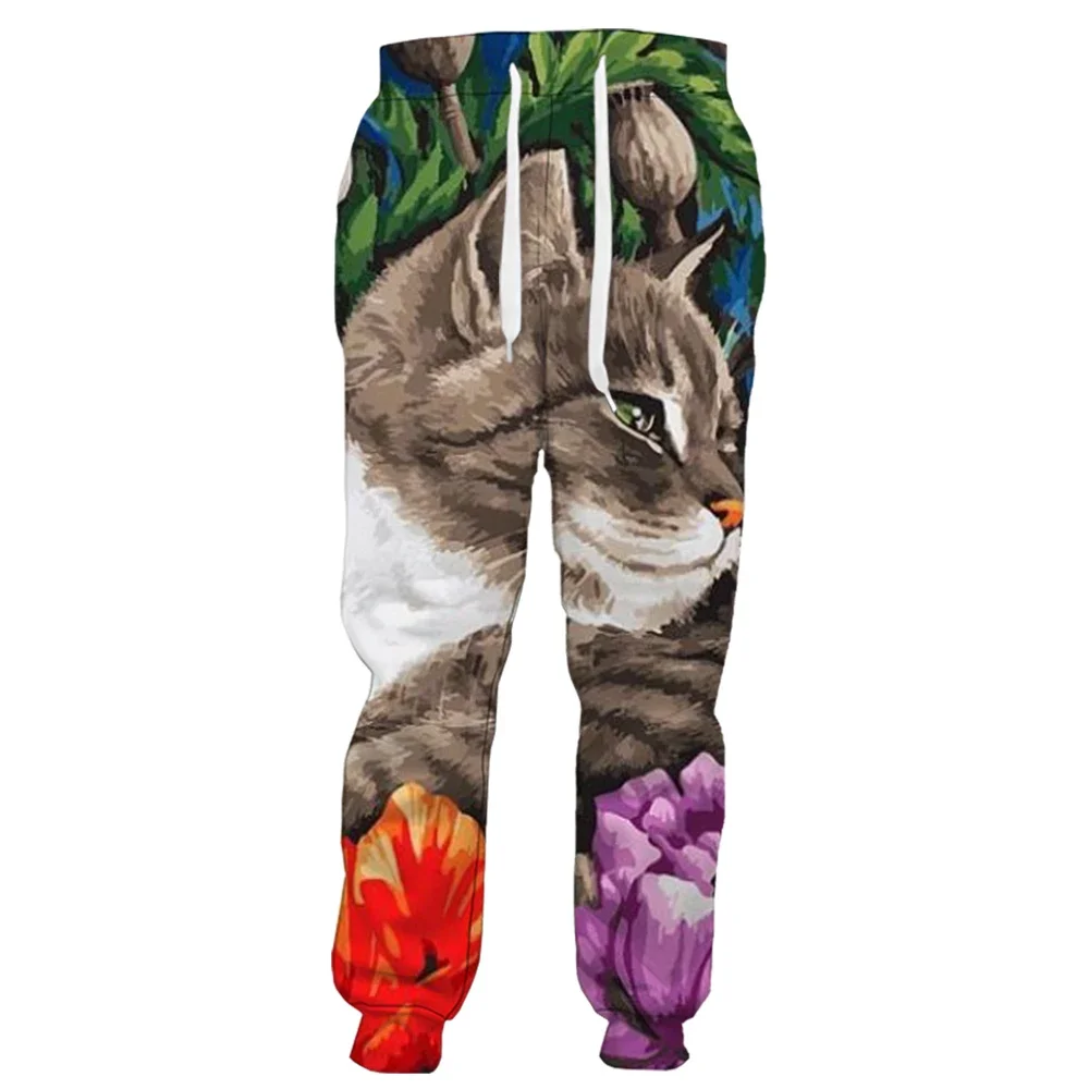 HX Fashion Animals Pants Grey British Shorthair Floral Art 3D Printed Sportwear Casual Sweatpants Harajuku Streetwear