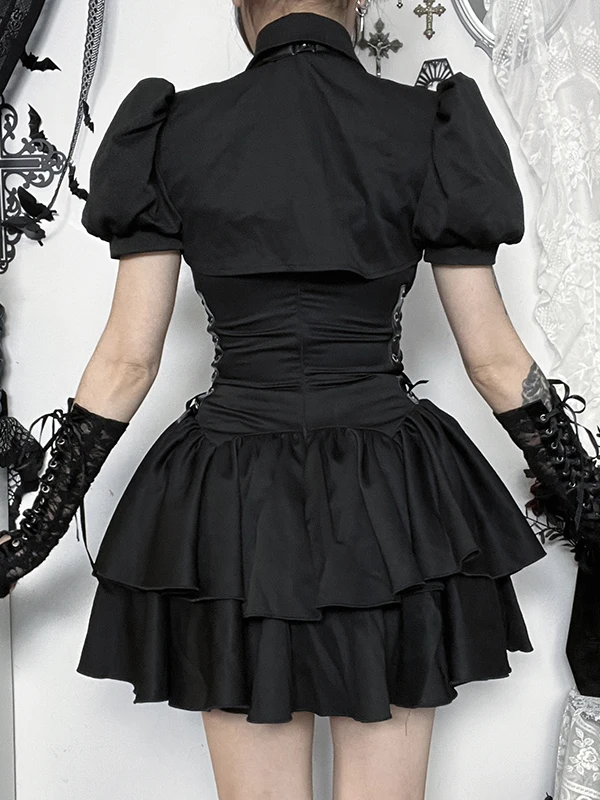 Japanese Dark Style Outfit Top Blouse Dress Set Black Punk Cosplay Dresses Subculture Soft Girl Short Sleeves Shirt With Tie