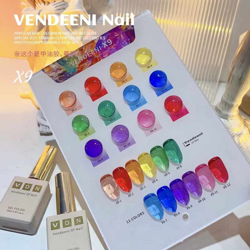 VENDEENI 12 colors Transparent color Nail gel set Nail salon 2024 New Hot sale Non-toxic UV gel Fashion Nail Art Kit Wholesale