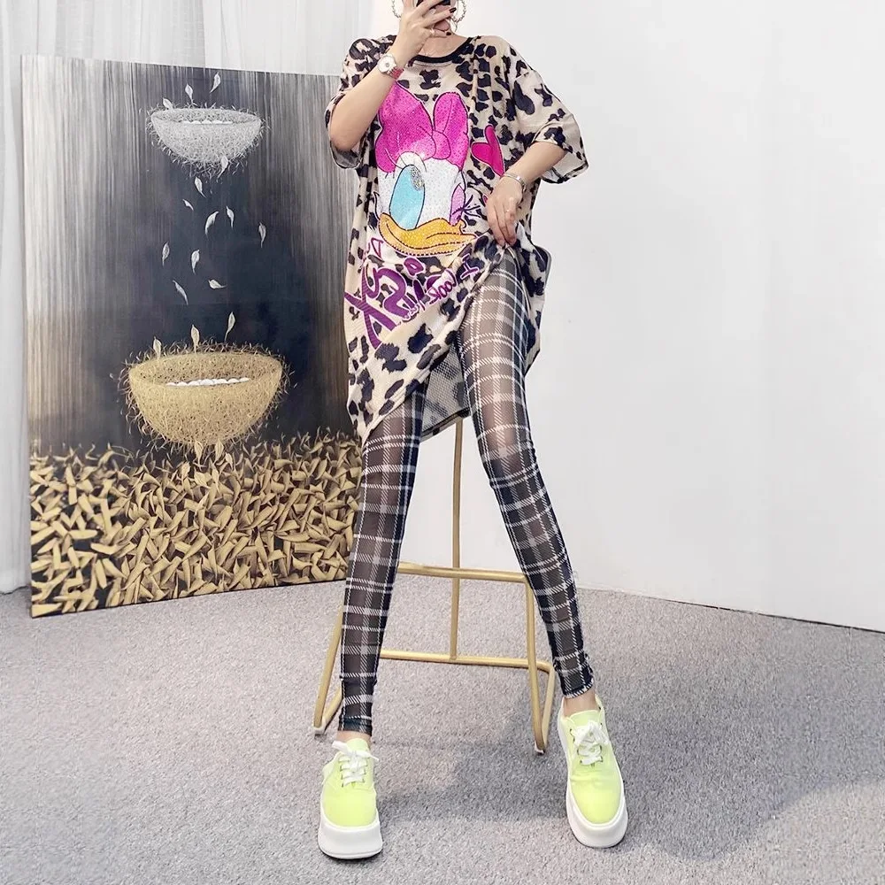 Retro Plaid Printed Women's Mesh Leggings Summer Thin Sheer Single-Layer High-Elasticity Hottie Sexy Tight Cropped Pants