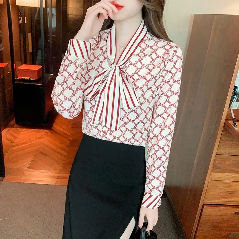 Women Clothing Fashion Elegant Chain Printed Blouse Spring Autumn Long Sleeve Bow Loose V-neck Chiffon Shirts Office Lady Top