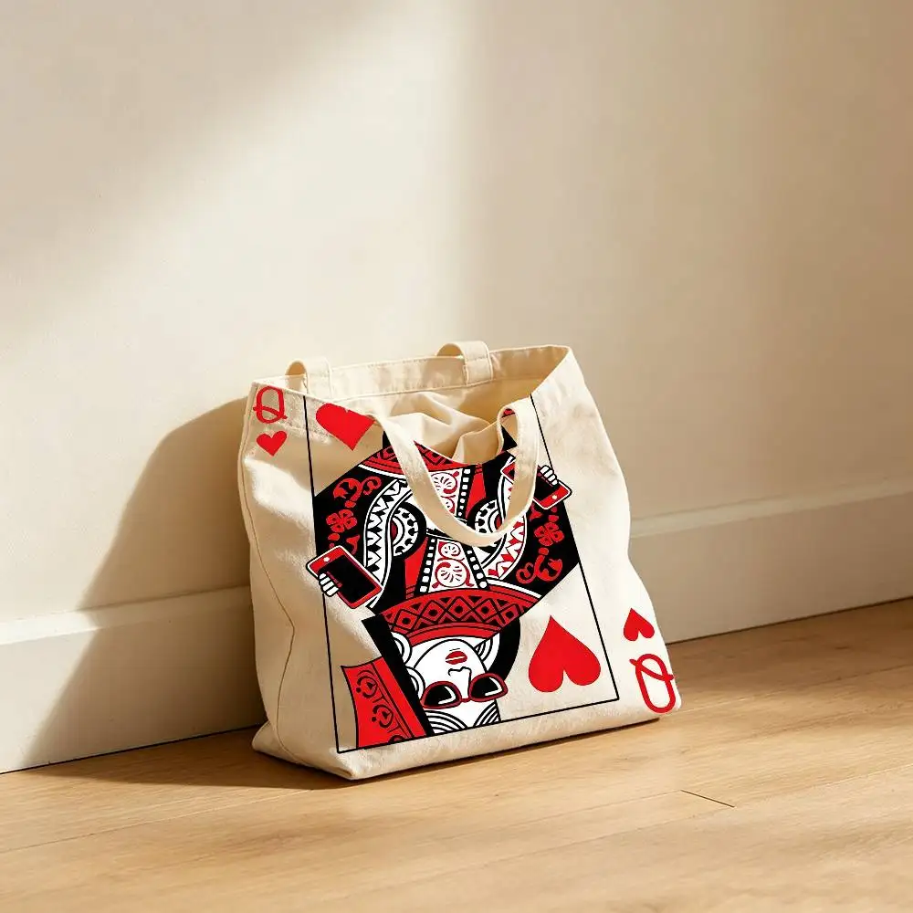 Funny Queen Poker Canvas Tote Bag Waterproof Lining Large Capacity Reusable Shopping Bags Casual Student Daily Handbag