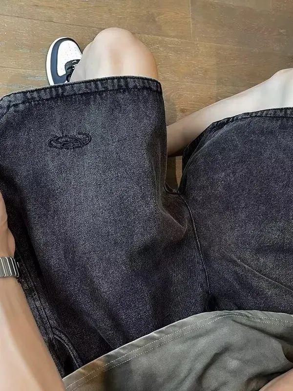 

Retro American Waed Denim orts for Men with Dstring Five-Point Thin Summer Loose Jeans Mid-Waist Youth Teenage orts