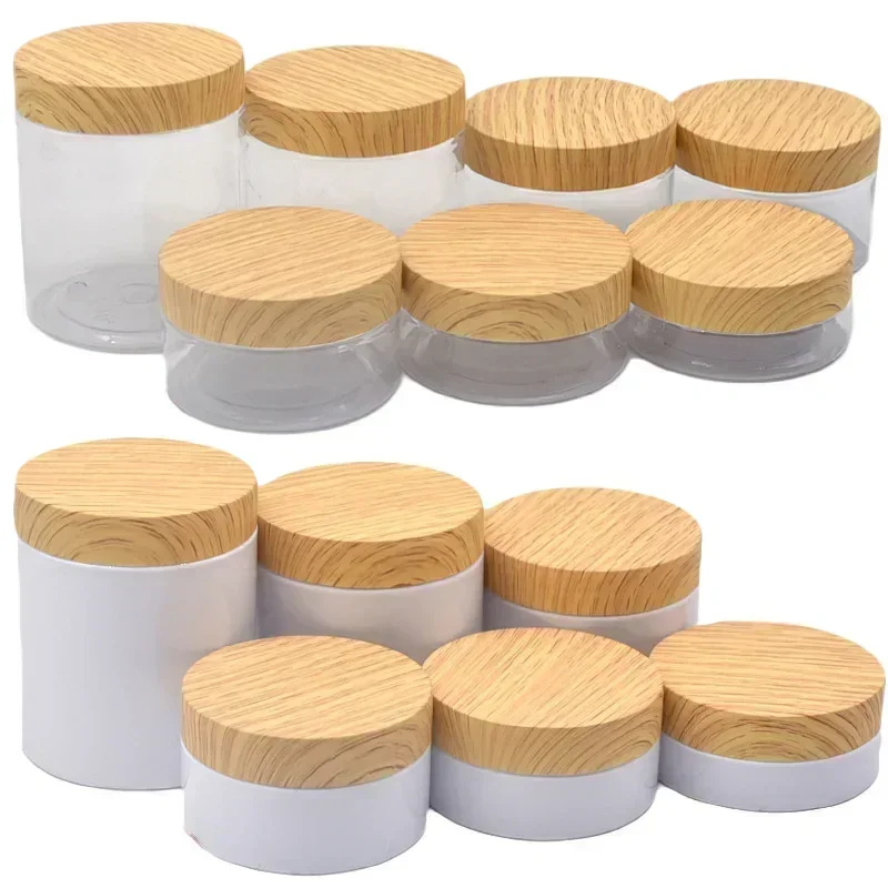 12Pcs/Lot 50/80/100/120/150/200/250g Face Cream Storage Jar Imitation Wood Imitation Grain Lid Cosmetic Bottle Empty Plastic Jar