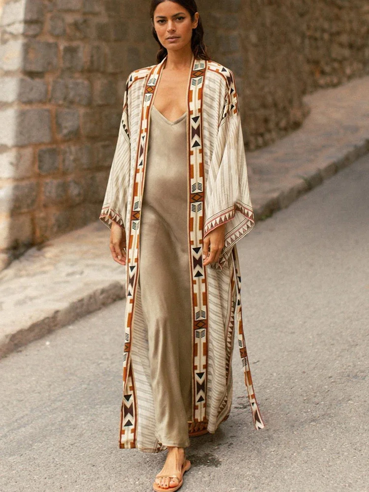 

2024 Beach Kimono Cover-up Loose Swimsuit Cover Up Front Open Belt Kaftan Robe Plage Beach Pareos Dress Tunic Beach Wear