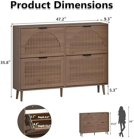 Shoe Cabinet for Entryway with 4 Flip Drawers, Slim Wooden Shoe Storage Organizer with Modern Fluted