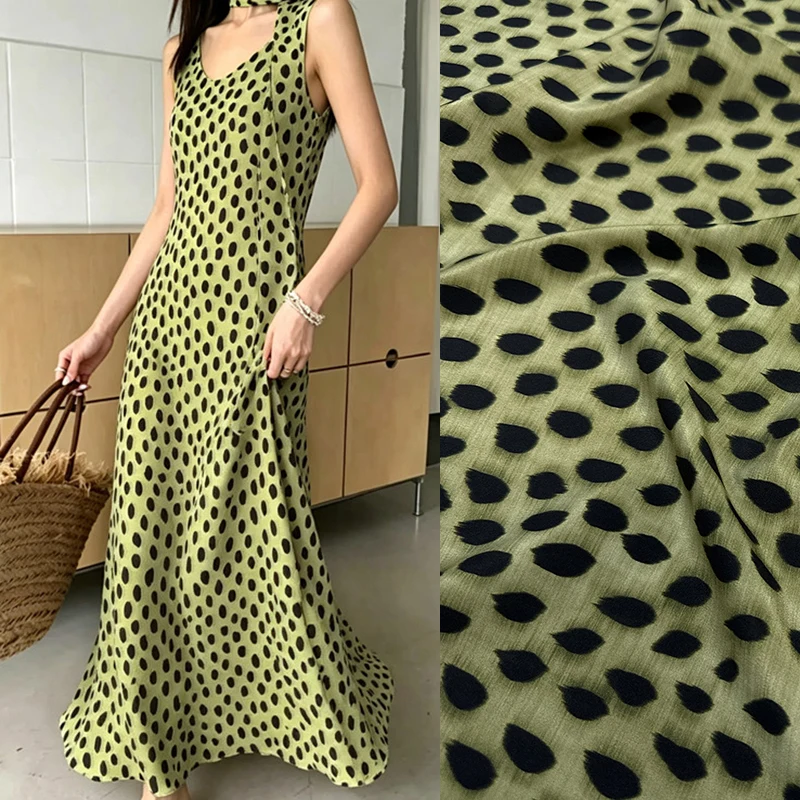 Black Dots Printed Stretch Green Silk Crepe de Chine Fabric for DIY Sewing Summer Comfortable Dress Pajamas Silk Fabric FR7019