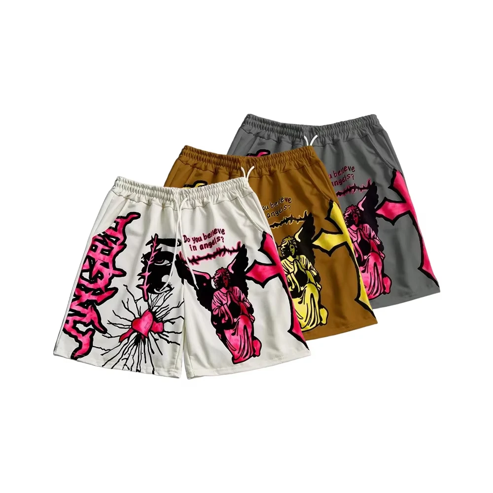 Men's Y2K Angel Graffiti Print Basketball Shorts Drawstring Loose Fit Casual Streetwear Summer Athletic Shorts for Men