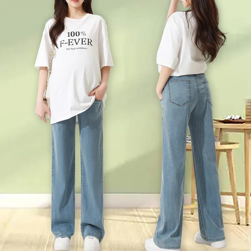 

Брюки для беременных, летняя верхняя одежда, тонкие эластичные джинсы из тенселя, широкие брюки, повседневная одежда для беременных