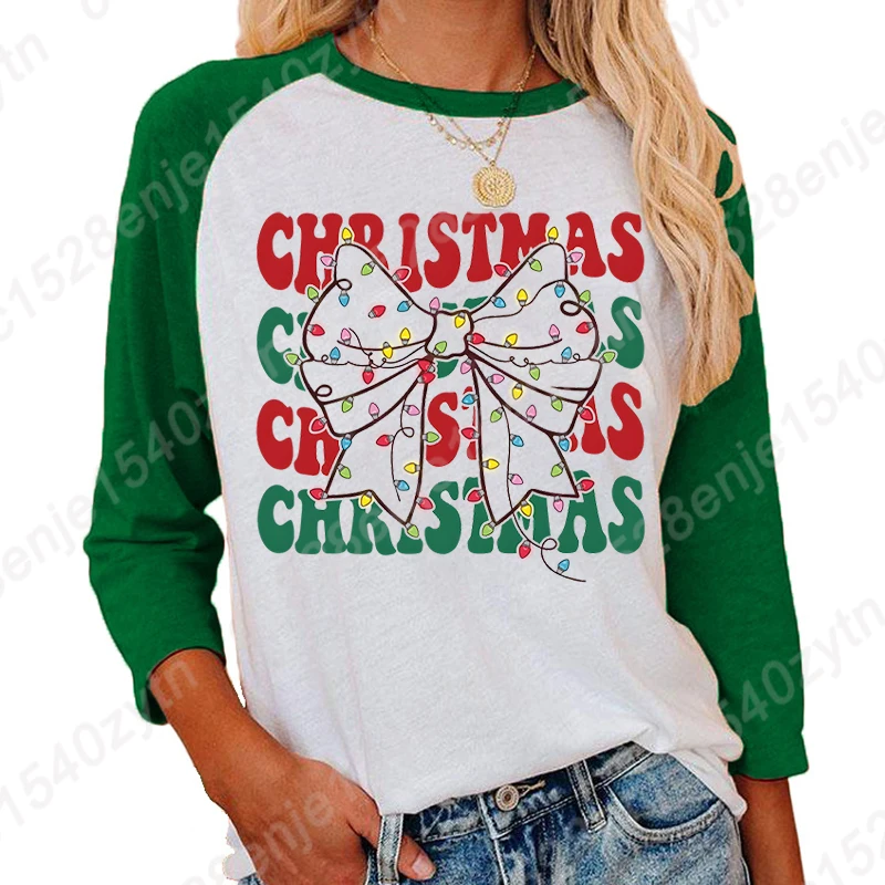 

Christmas Light Bow Print Three Quarter Sleeve Shirt For Women Creative Crew Neck Seven Sleeves Shirt Fashion Ladies Summer Tops