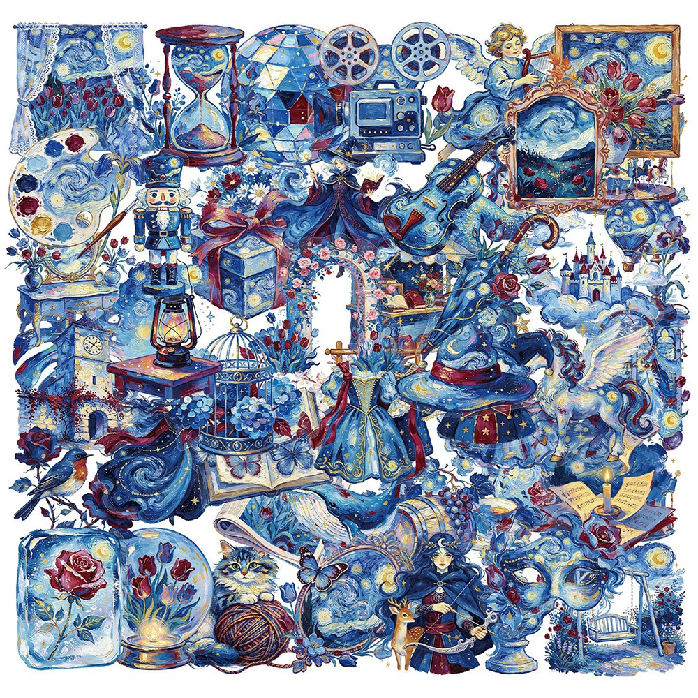 10/30/50pcs Blue Van Gogh Oil Painting Style Art Stickers Aesthetic Graffiti Sticker DIY Scrapbook Suitcase Guitar PET Sticker