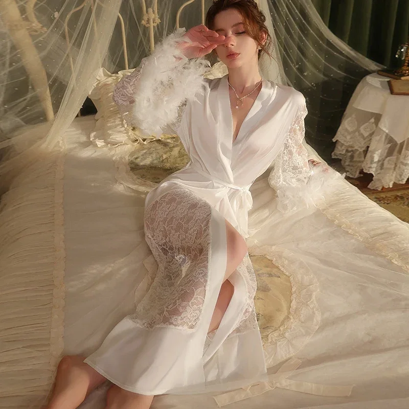 

Роскошный свадебный халат с отделкой перьями, атласное кимоно, домашний халат, Vestidos De Novia, женская одежда для сна, свадебное платье, кружевное нижнее белье