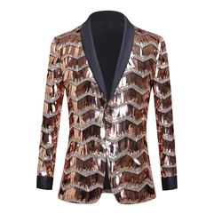 Blazer de lentejuelas doradas a rayas onduladas para hombre, chaqueta de lujo con solapa de Chal, traje de fiesta de boda brillante, chaquetas de esmoquin de cena