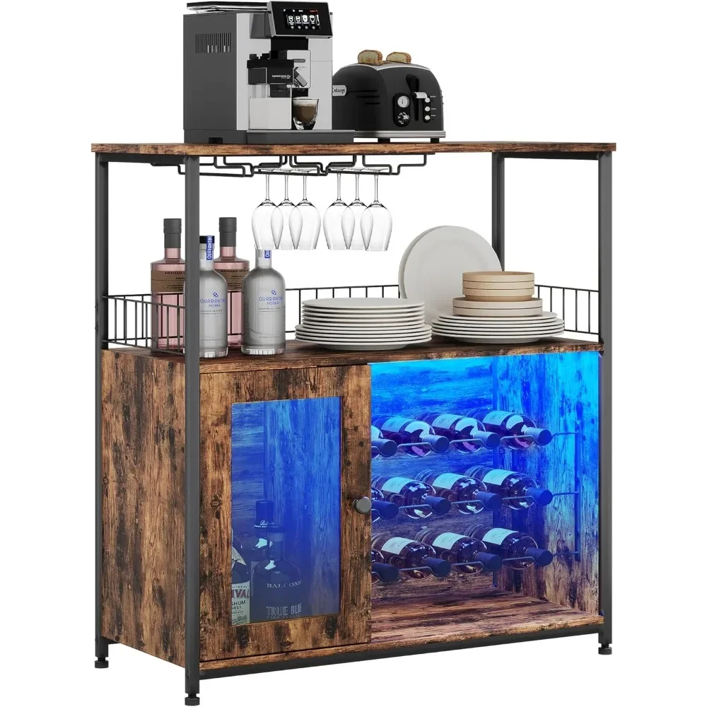 

Wine Bar Cabinet with LED Light & Glass Holder, Home CoffeeCabinet with Glass Rack, Home Bar with Wine Rack & Storage Shelf