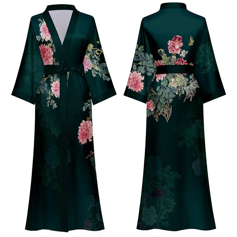 Luxury Print Flower Bathrobe Sleepwear Silk Rayon Nightwear Women Robe Chinese Style Kimono Gown Lady Loungewear Home Clothes