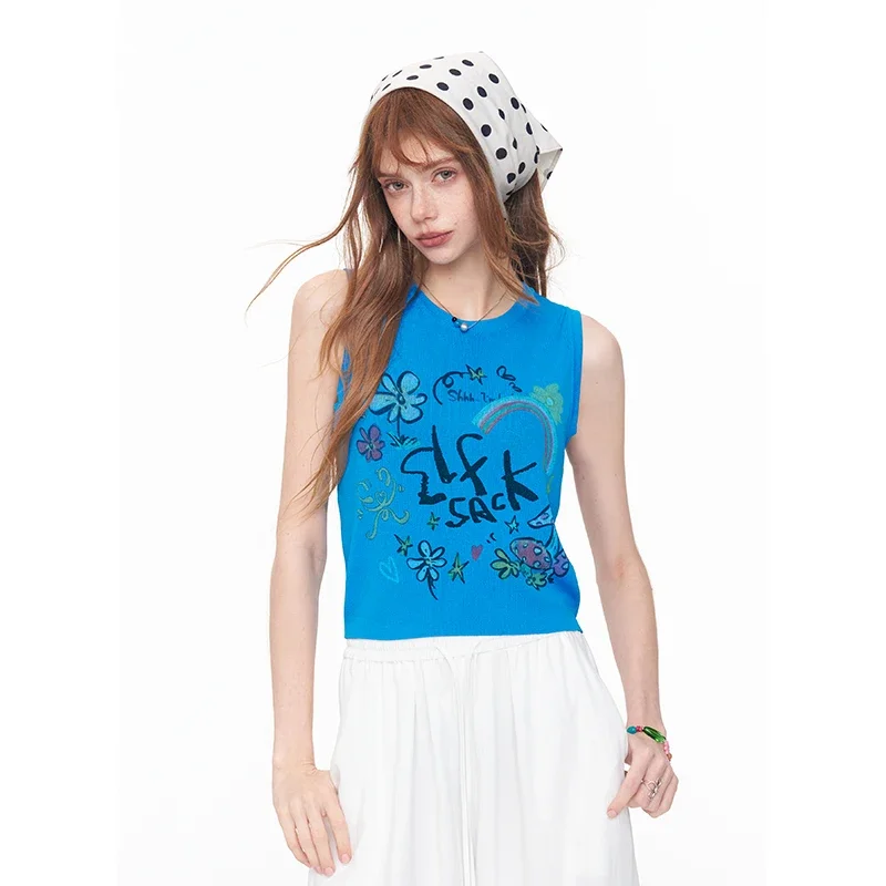 ELFSACK Breathable Cotton Blend Sleeveless Top, Dopamine Rainbow Print Cropped Tank Top,  Loose Fit Summer Camisole