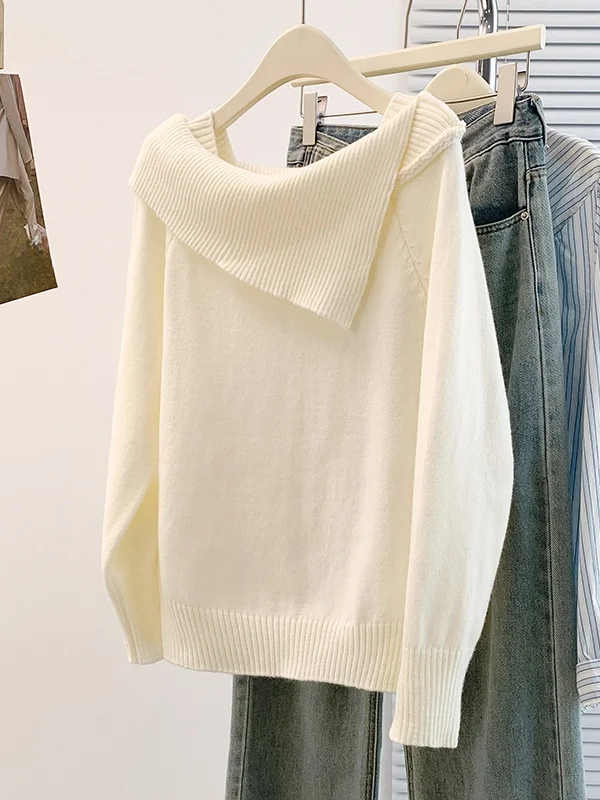 

Ele Long Sve Knitted Sweater Large Size Slant oulder Base irt Women's Faionable Autumn Winter Lazy Sle Top