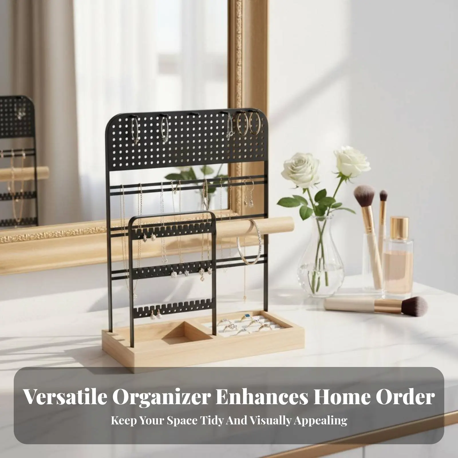 

Jewelry Display Stand Modern Design Earring and Necklace Holder Earring Holder Rack with Tray Stable Base for Dressing Table