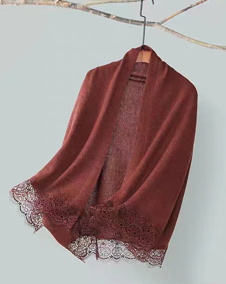 TLOML Spring New Women's 100% Merino Wool Knitted Lace Edge Shawl Scarf Casual Style Scarf Cashmere Knitwear Grace Simple Style