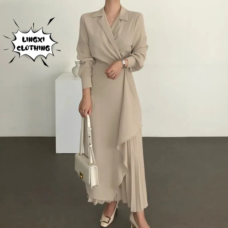 2023 Autumn New Women's Elegant Women's Long Dress Set Collar Pleated Temperament Loose Korean Fashion Plus Size Dress