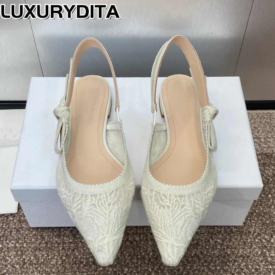 Top Quality Luxury Womens Sandal Casual Lace Flat Fashion Embroidered Muller Shoes Designer Silk Leather Soled High Heel 0530