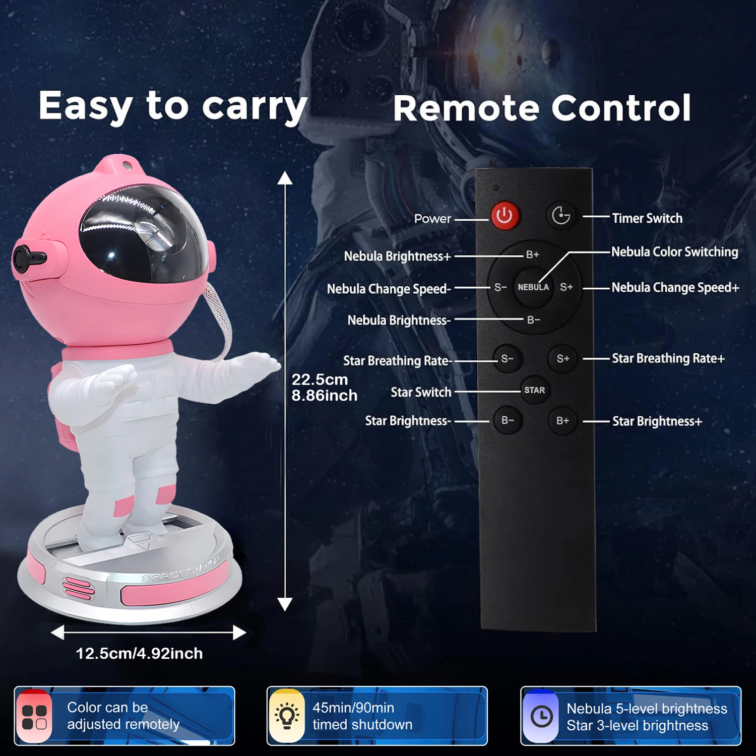 Pink Astronaut Galaxy Nebula Star Projector with Timer Remote Control 360° Adjustable Starry Night Light Kids Room Home Decor