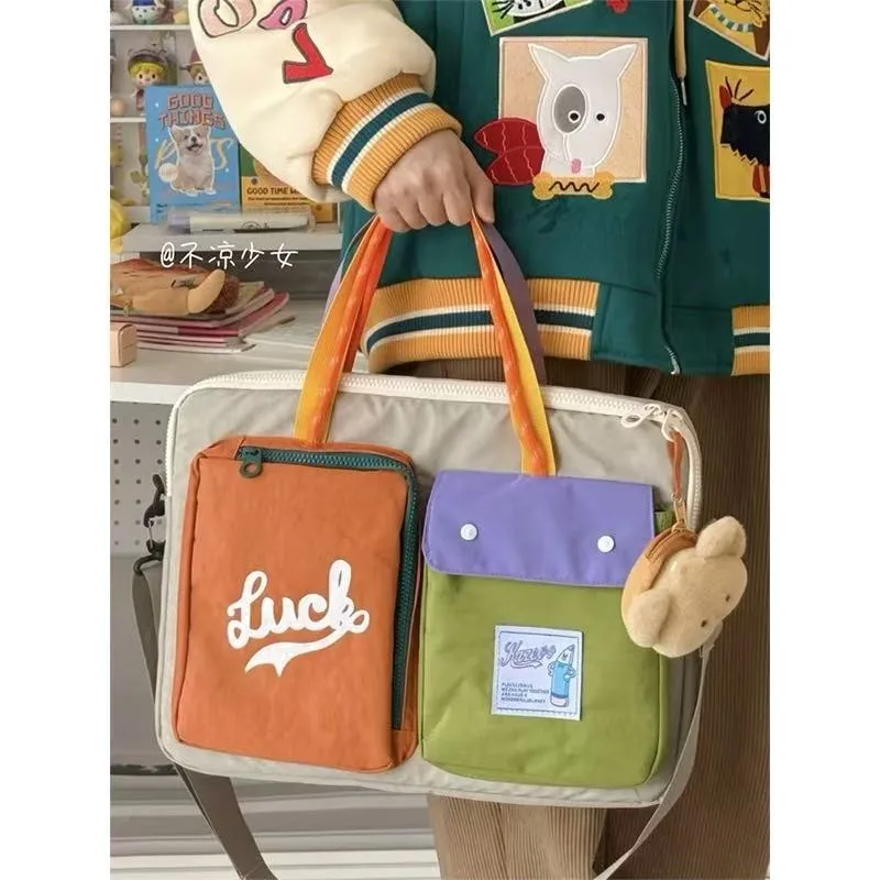 15.6 Inch Dualuse Computer Bag, Large Capacity Portable Shoulder Tablet Bag, Japanese Dopamine Color Blocked Crossbody Bag
