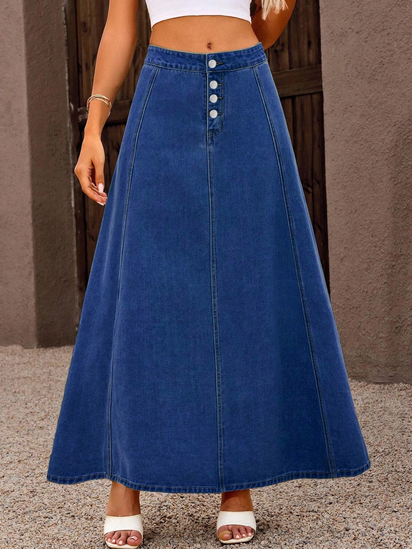 

Retro Denim Skirt Casual Loose Long f-length A-line Skirt High Waist Commute Sle Daily Wear Ladies' Faion