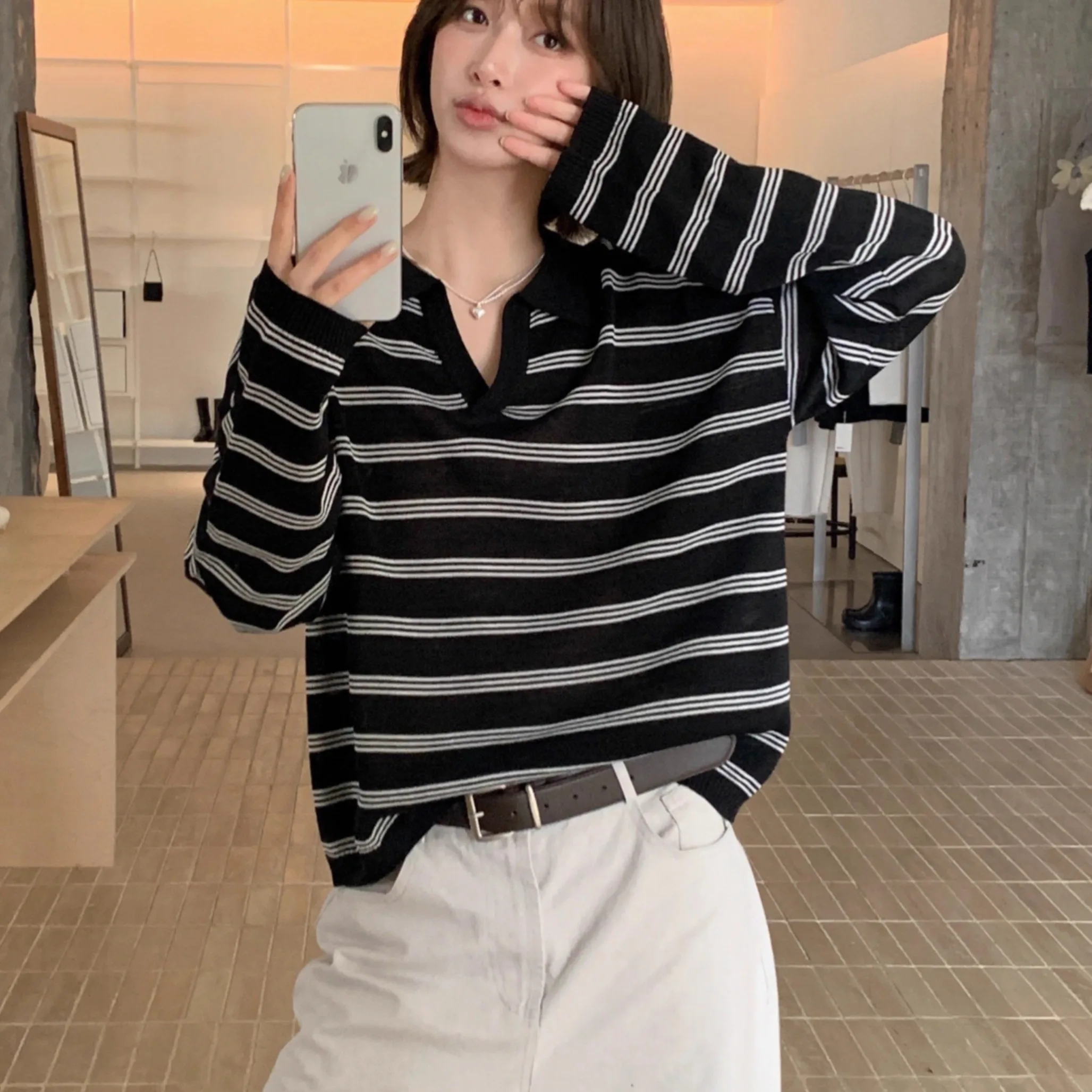 

Women's Knitted Ne Long Sve Casual Loose Slimming Striped Top Spring Autumn New Sle Comfortable Faionable