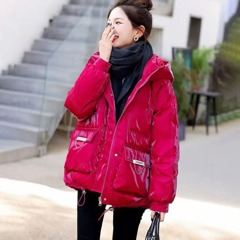 2023 New Winter Bright Short Down Cotton-Padded Jacket Women Overcoat Hooded Thicke Warm Parker Coat Korean LooseLace-Up Jacket