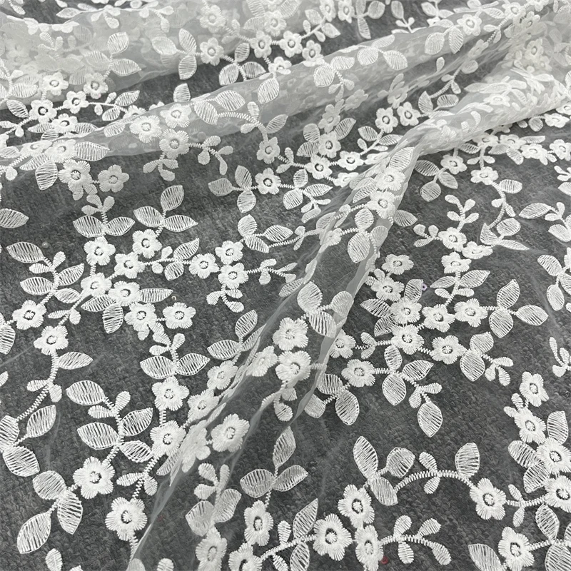 1 Yard Cotton Flowers Organza Lace Fabric in Ivory Beige Embroidery Floral lace for Bohemian bridal gown Formal Dress Supply