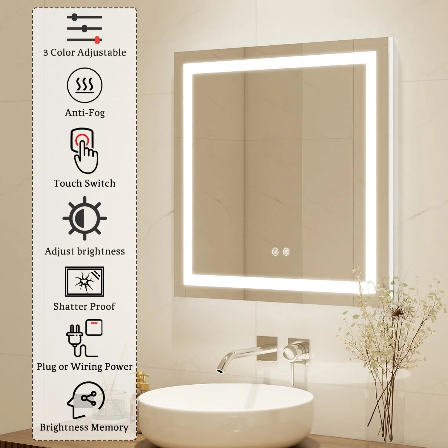 2PCS 28 X 28 Inch Square LED Bathroom Vanity Mirror 3 Colors Light Dimmable Wall Mounted Memory Lighted Makeup Mirror