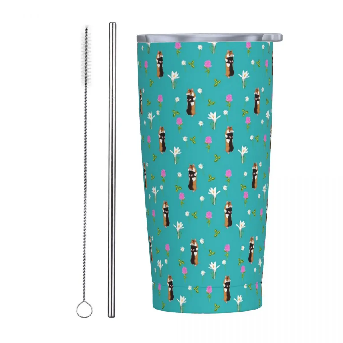 European Hamster In A Flower Filled Meadow (Turq) Stainless Steel Tumbler Vacuum Insulated Mug Thermal Cold Bottle Straw