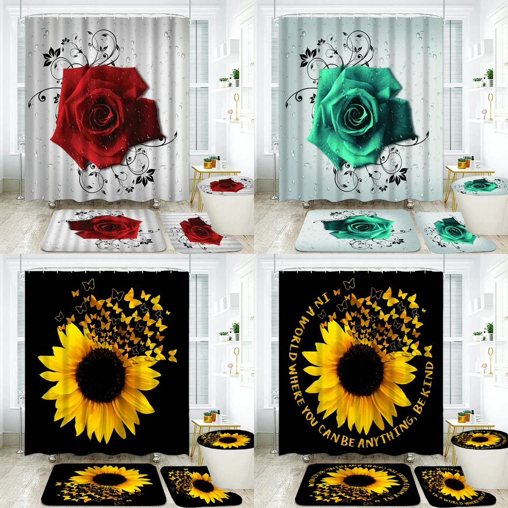 

Art Flower Shower Curtain Set with Non-Slip Rugs Toilet Lid Cover Bath Mat Sunflower Shower Curtain Waterproof Bathroom Decor