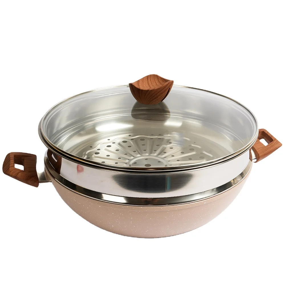 Aluminum non-stick wok wok casserole marble coated with steamer glass cover multi-function induction base cooking pot