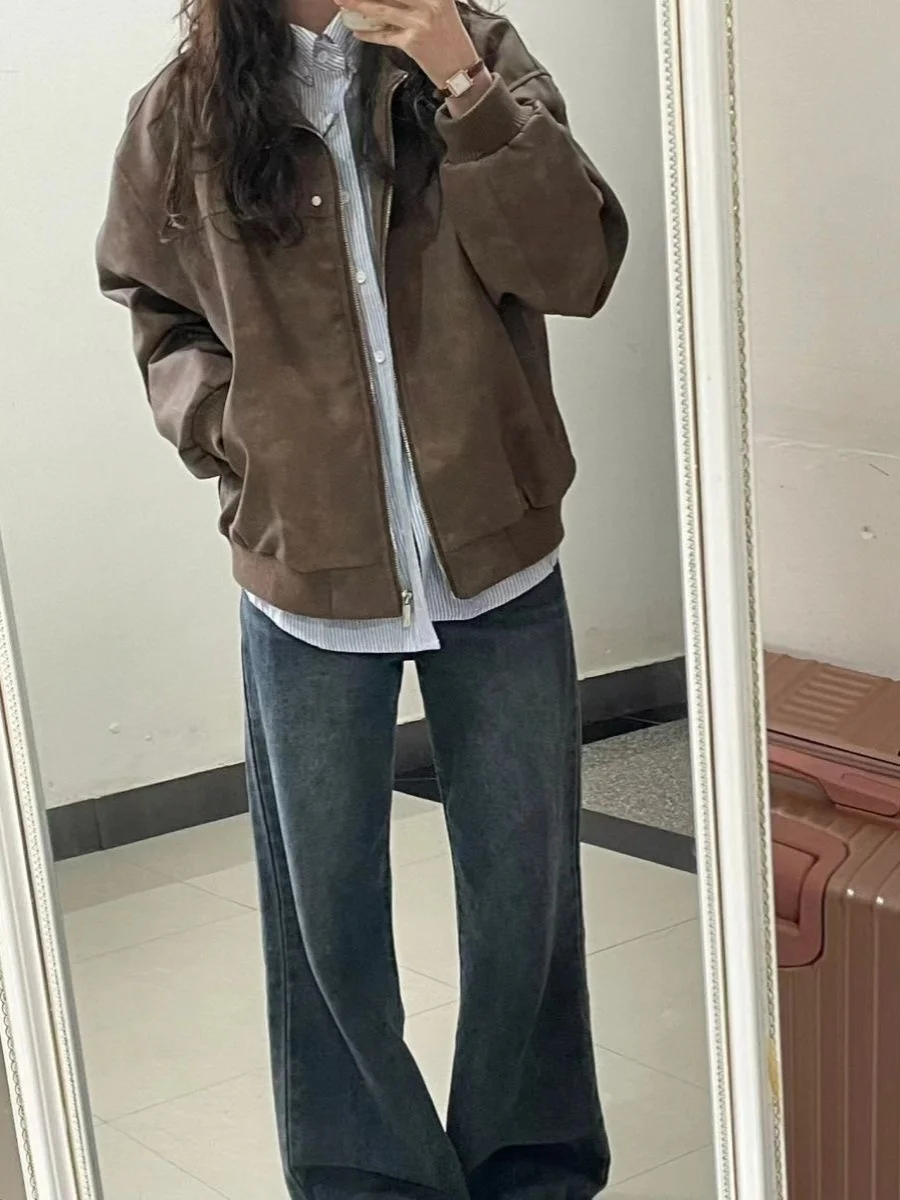 Cappotto Jaet in pelle da donna American Sle Colletto rovesciato vintage High Street Versatile coppia allentata Jaet da baseball alla moda