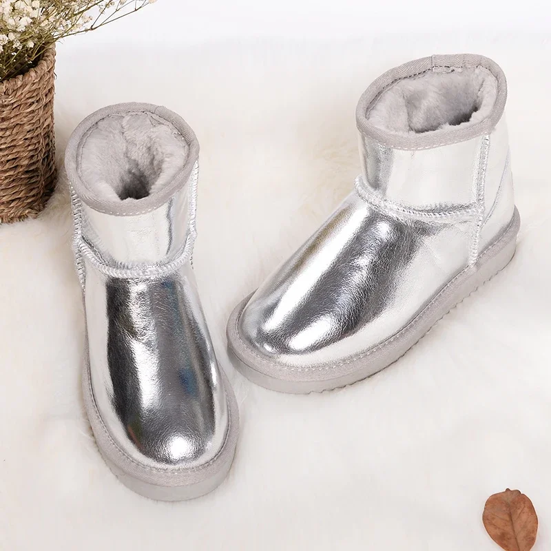 New Fashion Classic Bright Snow Boots Women Thick Faux Fur Warm Winter Boots Faux Wool Ankle Boots Waterproof Real Leather Shoes