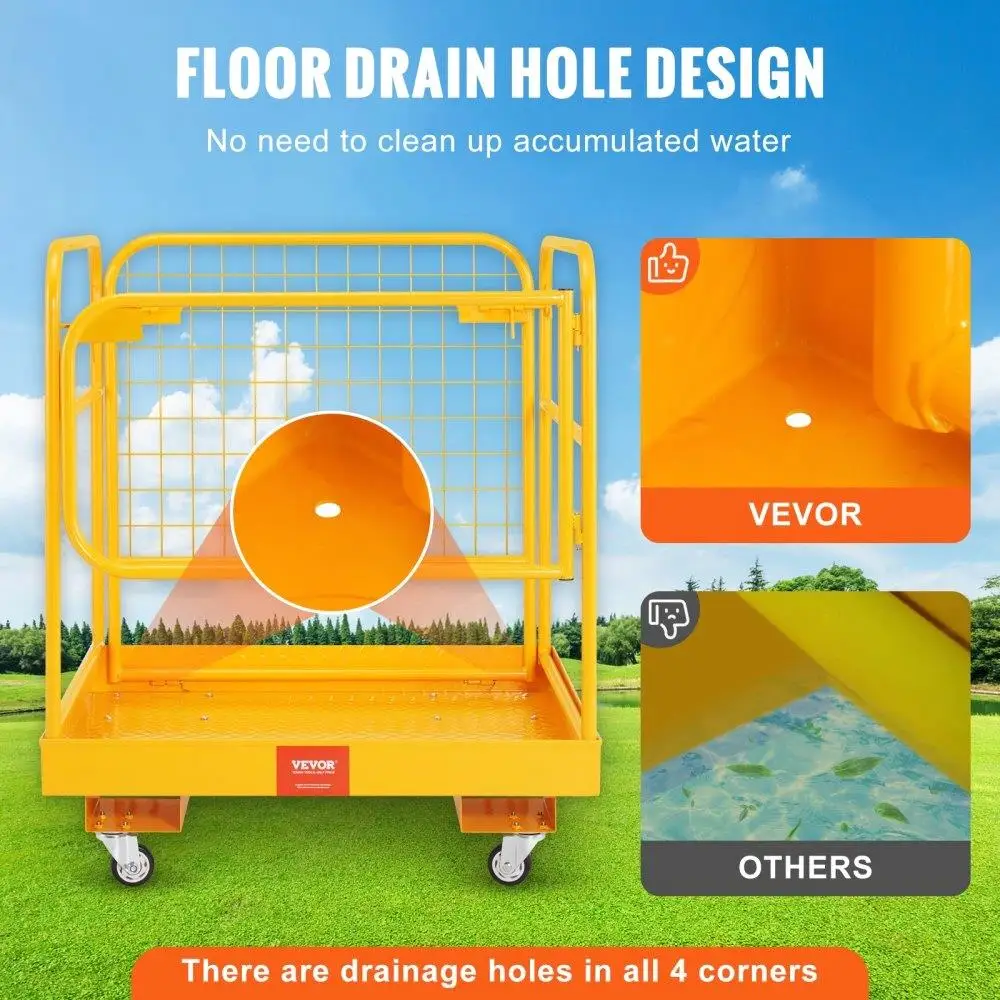 Kandang Pengaman Forklift Lipat Kapasitas Beban 1200 Lbs Platform Kerja 36X36 Inci dengan Rantai Perangkat Lubang Pembuangan Roda yang Dapat Dikunci untuk