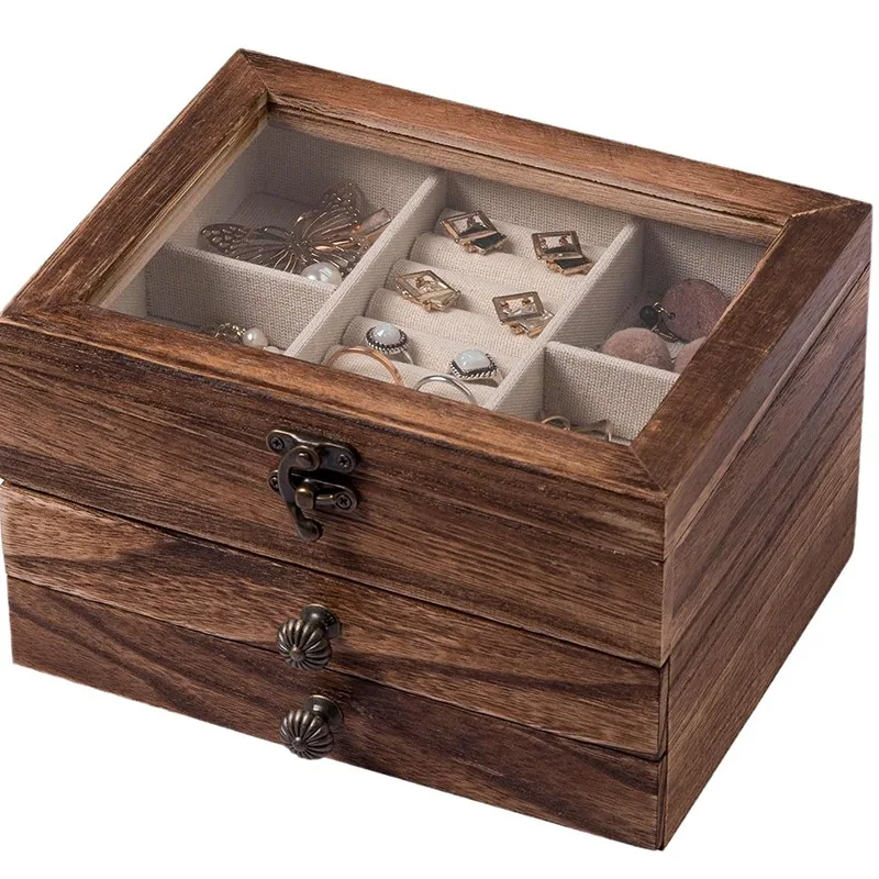 Caja de joyería de madera maciza, baratijas portátiles, cajas de almacenamiento para exhibición de joyería, organizador de pendientes, soporte para anillos, escaparate, caja de pulseras