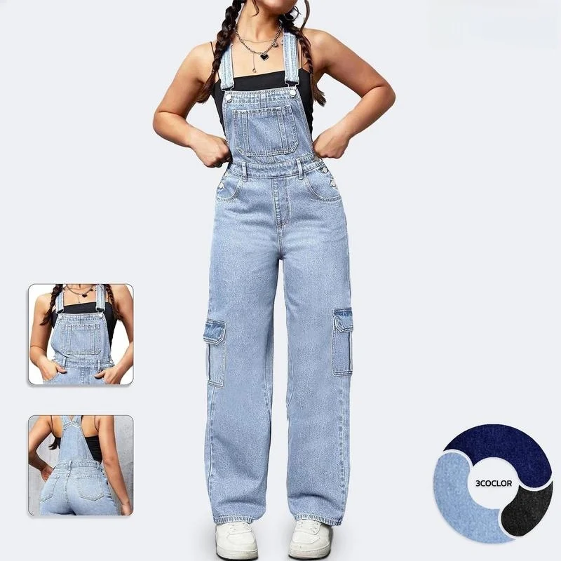 Flvsun Women's Denim Wide Leg Cargo Jumpsuit Loose Fit Bib Casual Comfortable Stretchy Spring Summer Autumn Denim Jeans