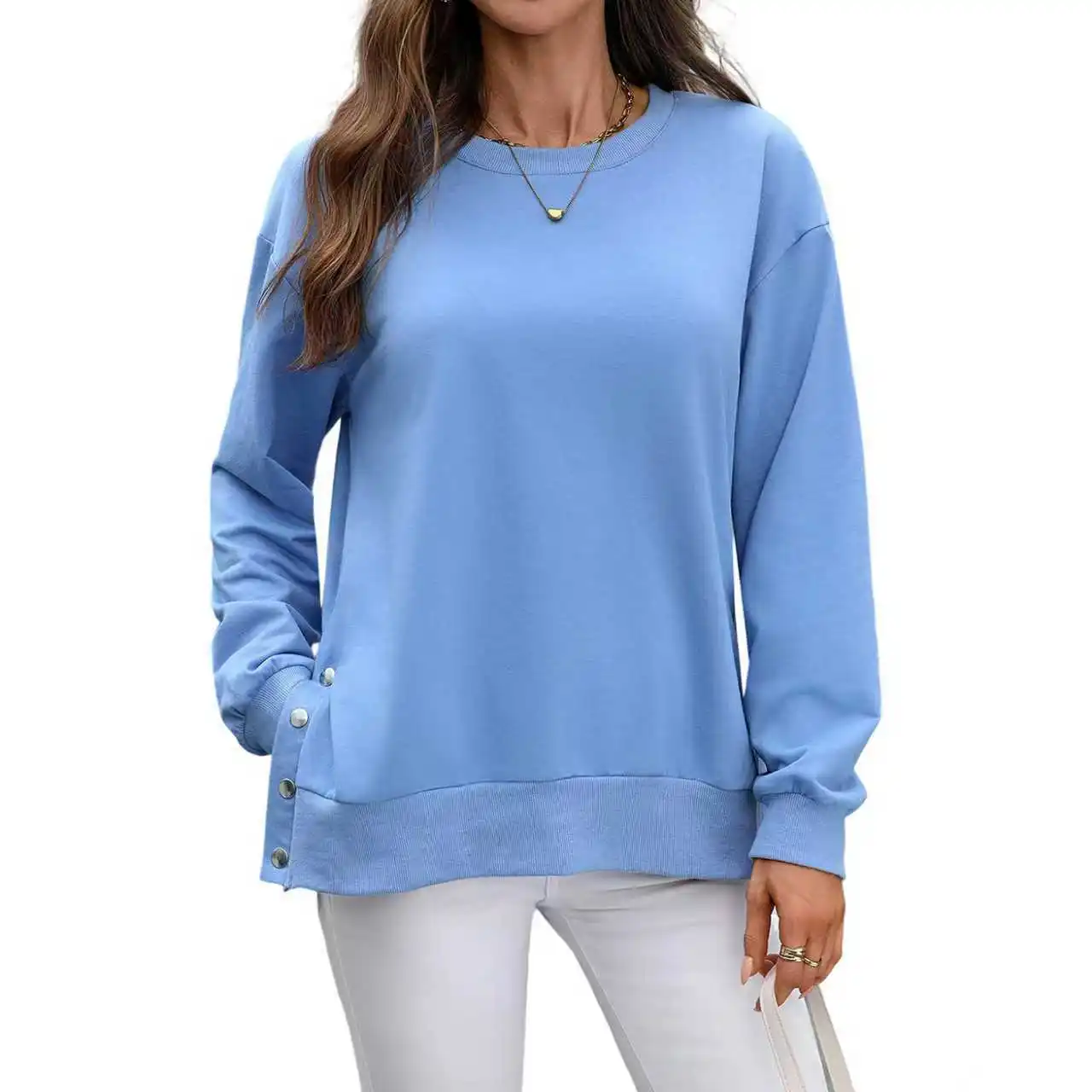 Women's Autumn Winter Long Sleeve Versatile Round Neck Split Sweatshirt