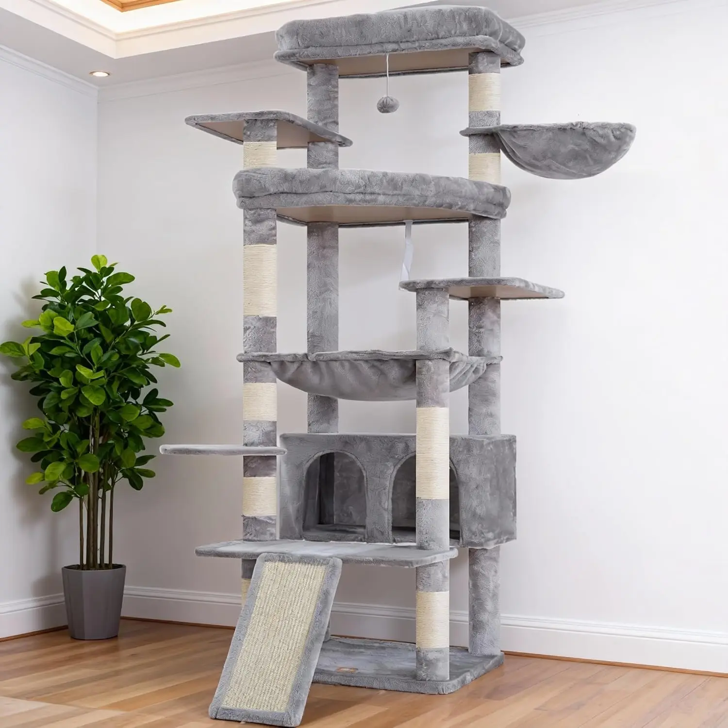 

80-inch Multi-Level Cat Tree for Large Cats, Sturdy Cat Tower with Wide Perches, Scratching Posts, and Cozy Condos, Light Gray
