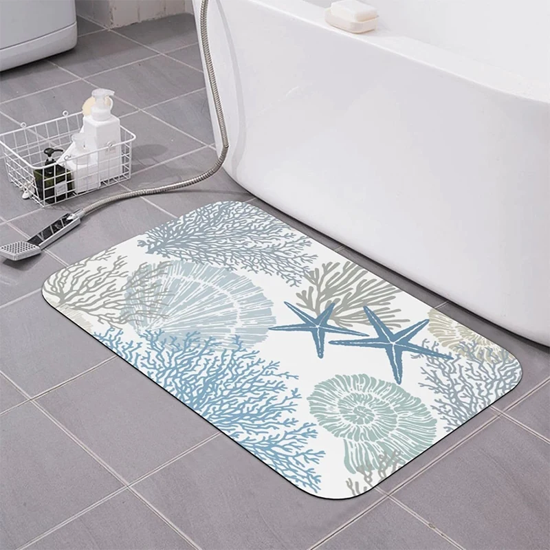 Beach Coral Starfish Bath Mat Non-Slip Diatom Mud Bathroom Rugs Super Absorbent Toilet Decor Carpet Quick Dry Rug for Kitchen