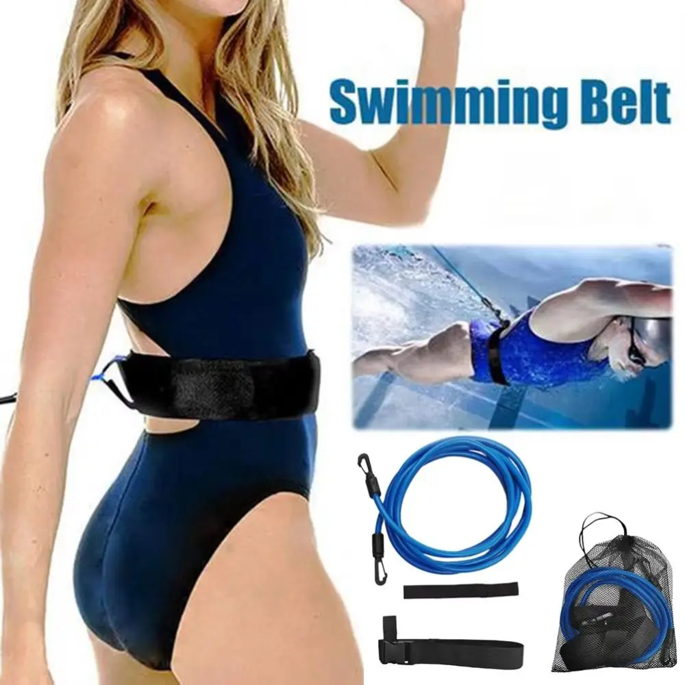 Latex Tubes Swim Training Resistance Belt Adjustable 4M Swimming Bungee Exerciser Swim Tether with Mesh Pocket