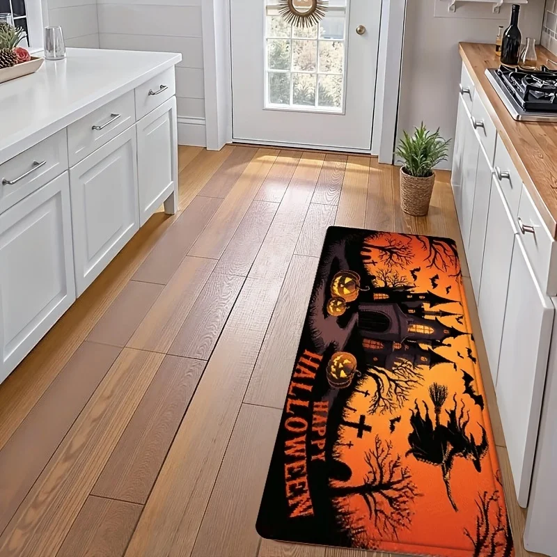 Happy Halloween Kitchen Rug Set Witch Haunted Castle Pumpkin Bat Print Indoor Kitchen Entry Decor Floor Mats
