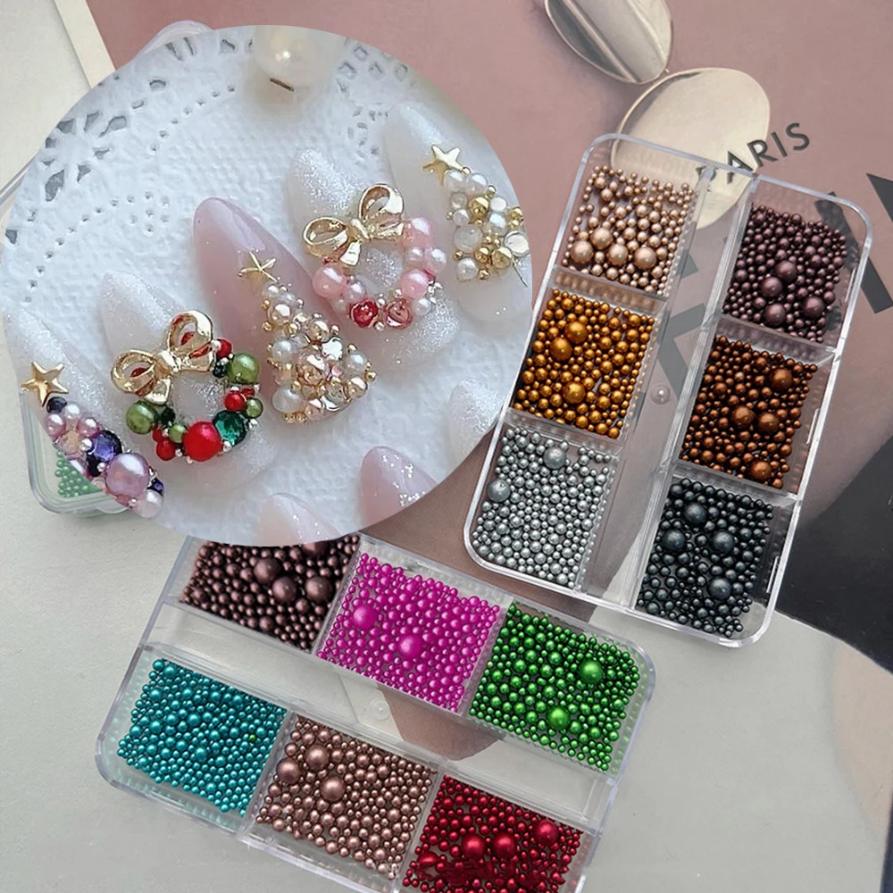 

6Grids 3D Colorful Christmas Round Pearls Nail Charms Mixed Caviars Bead Nail Rhinestones Red Green Gold Silver Nail Ball Decora