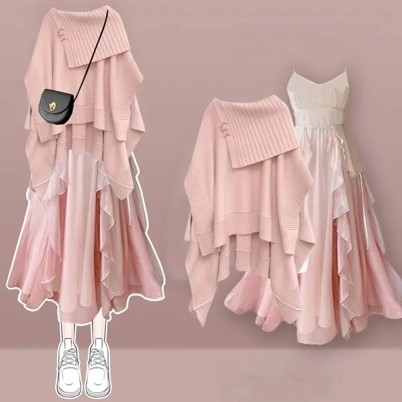 المرأة الخريف الشتاء موضة جديدة في فستان مطابقة مجموعة الكورية أنيقة محبوك سترة شال مثير حزام تنورة قطعتين دعوى